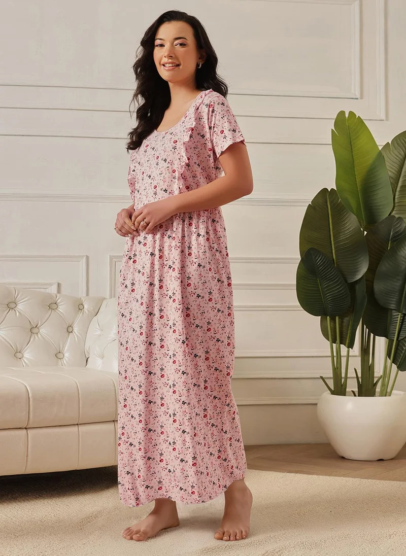 Clovia Pink Clovia Floral Print Feeding Long Nighty in Baby Pink - 100% Cotton for Women | Best Price UAE