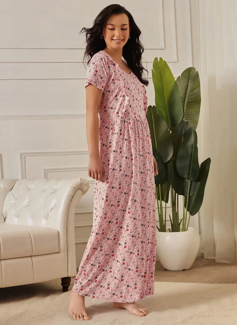كلوفيا Clovia Floral Print Feeding Long Nighty in Baby Pink - 100% Cotton