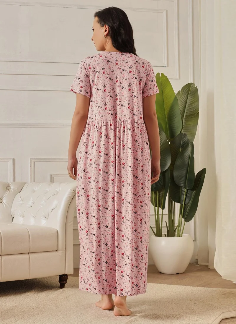 Clovia Pink Clovia Floral Print Feeding Long Nighty in Baby Pink - 100% Cotton for Women | Best Price UAE
