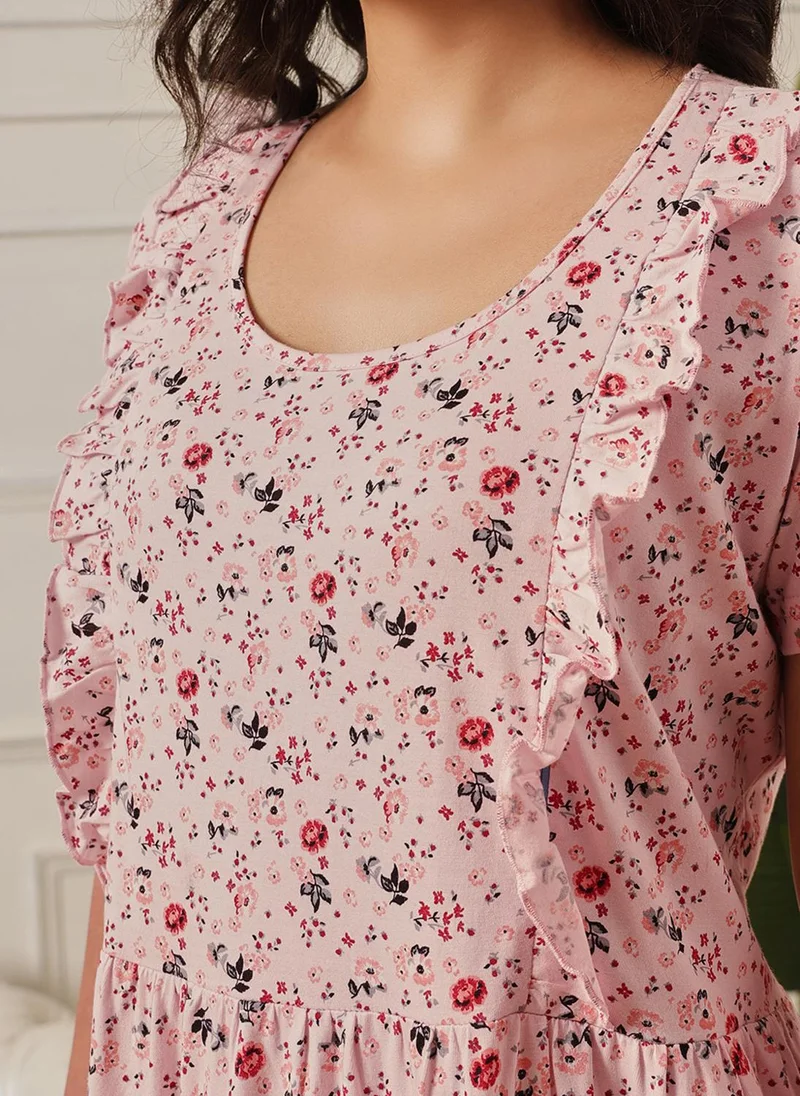 Clovia Pink Clovia Floral Print Feeding Long Nighty in Baby Pink - 100% Cotton for Women | Best Price UAE