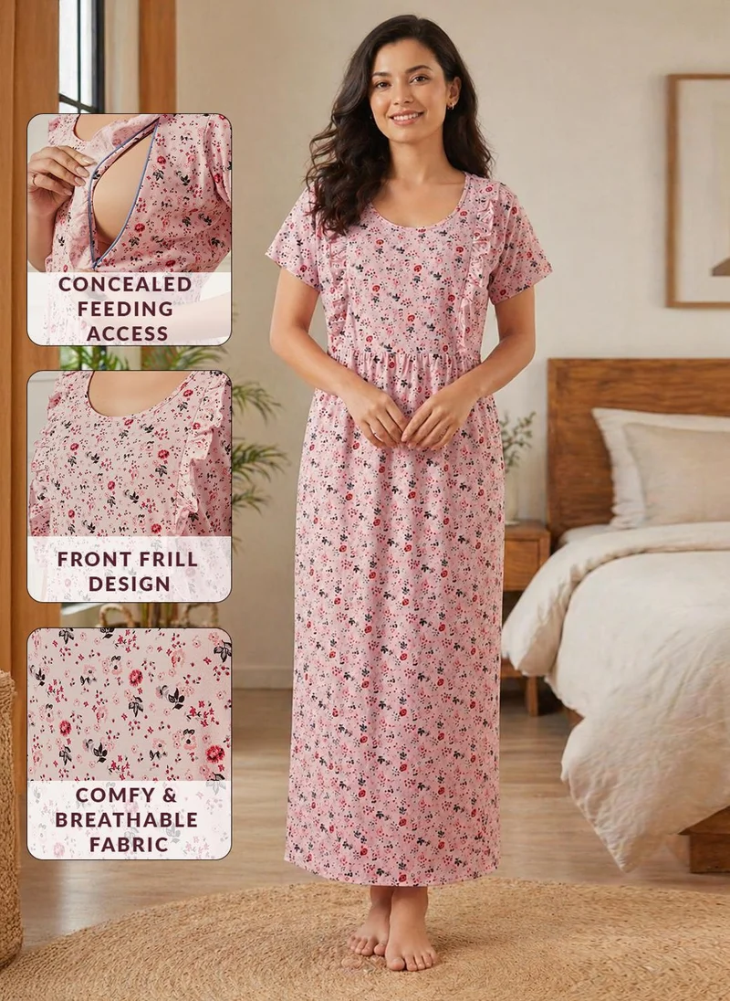كلوفيا Clovia Floral Print Feeding Long Nighty in Baby Pink - 100% Cotton