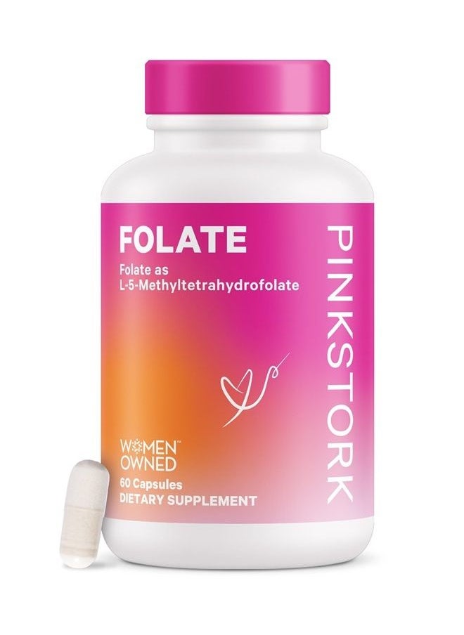 Pink Stork Folate: Methyl Folate - MTHFR Acid, Natural Form of Folic Acid for Pregnancy, Formulated for Mom + Baby, Women-Owned, 60 Capsules (Packaging May Vary)  - Image 1
