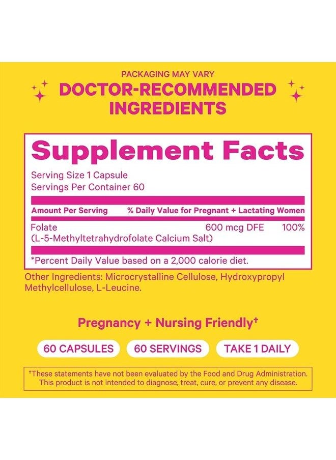 Pink Stork Folate: Methyl Folate - MTHFR Acid, Natural Form of Folic Acid for Pregnancy, Formulated for Mom + Baby, Women-Owned, 60 Capsules (Packaging May Vary)  - Image 4