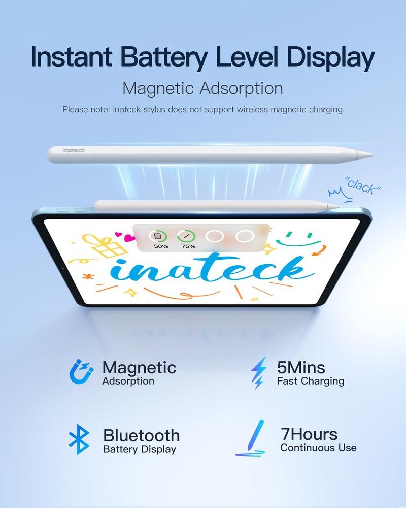 Inateck Stylus Pen for iPad 2018-2023, 5Mins Fast Charging Pencil with Tilt Sensitivity & Palm Rejection, Magnetic Pen for iPad Air 3/4/5, iPad mini 5/6, iPad 6/7/8/9/10, iPad Pro 11"/12.9" - Image 4