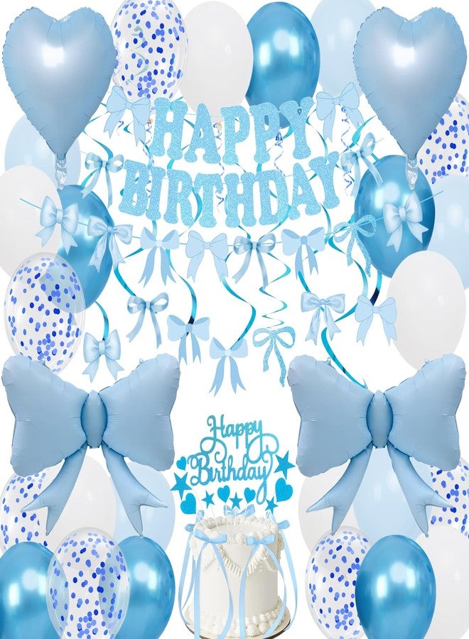 Douvelue Blue Bow Birthday Decorations, Happy Birthday Banner Garland and Hanging Swirls, 28Pcs Balloons, Cake Toppers, Bow Themed Party Decorations for Girls Women - Image 1