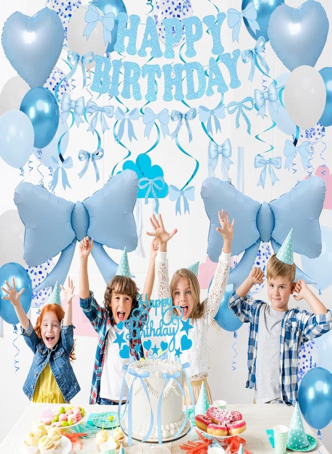 Douvelue Blue Bow Birthday Decorations, Happy Birthday Banner Garland and Hanging Swirls, 28Pcs Balloons, Cake Toppers, Bow Themed Party Decorations for Girls Women - Image 3