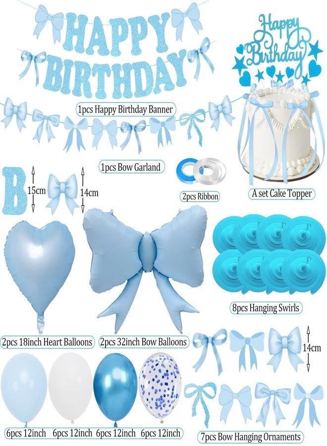 Douvelue Blue Bow Birthday Decorations, Happy Birthday Banner Garland and Hanging Swirls, 28Pcs Balloons, Cake Toppers, Bow Themed Party Decorations for Girls Women - Image 2
