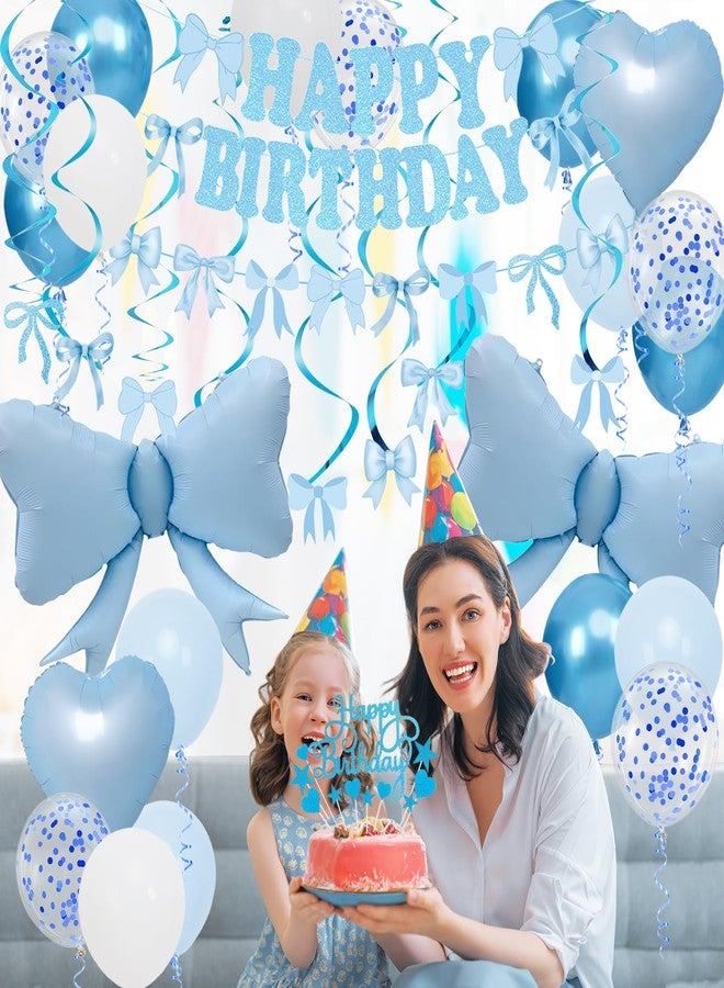 Douvelue Blue Bow Birthday Decorations, Happy Birthday Banner Garland and Hanging Swirls, 28Pcs Balloons, Cake Toppers, Bow Themed Party Decorations for Girls Women - Image 4