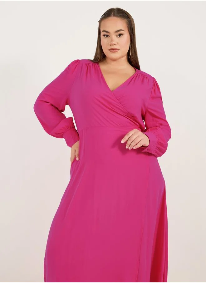 Styli Plus Size Solid Wrap Front A-Line Maxi Dress