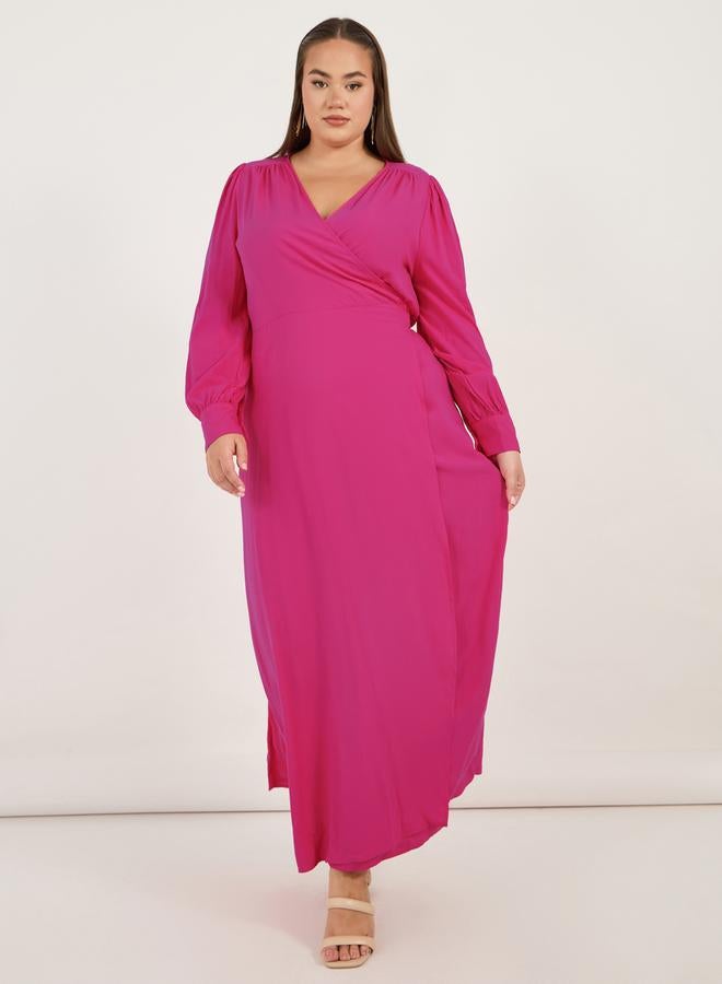 Styli Plus Size Solid Wrap Front A-Line Maxi Dress - Image 1