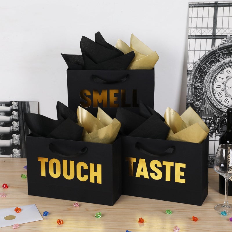 OEMVALATY 5 Senses Gift Bags for Him Her Five Senses Gift Bags with Ribbon Handles and Tissue Paper Present Wrappings for Valentine Wedding Anniversary Birthday Christmas(Black, 12.6''x8.8''x4'') - Image 4