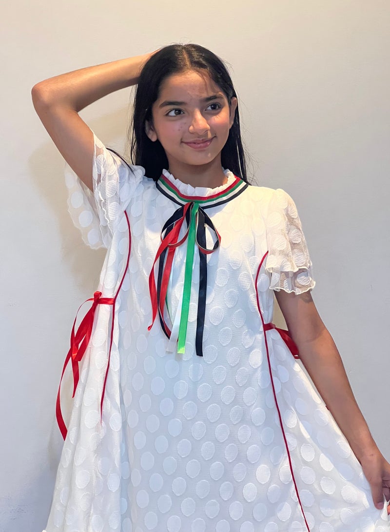 Lamora White Dot Tule With Tie Traditional UAE National Day Emirates Flag Cloth Dress  - Image 1