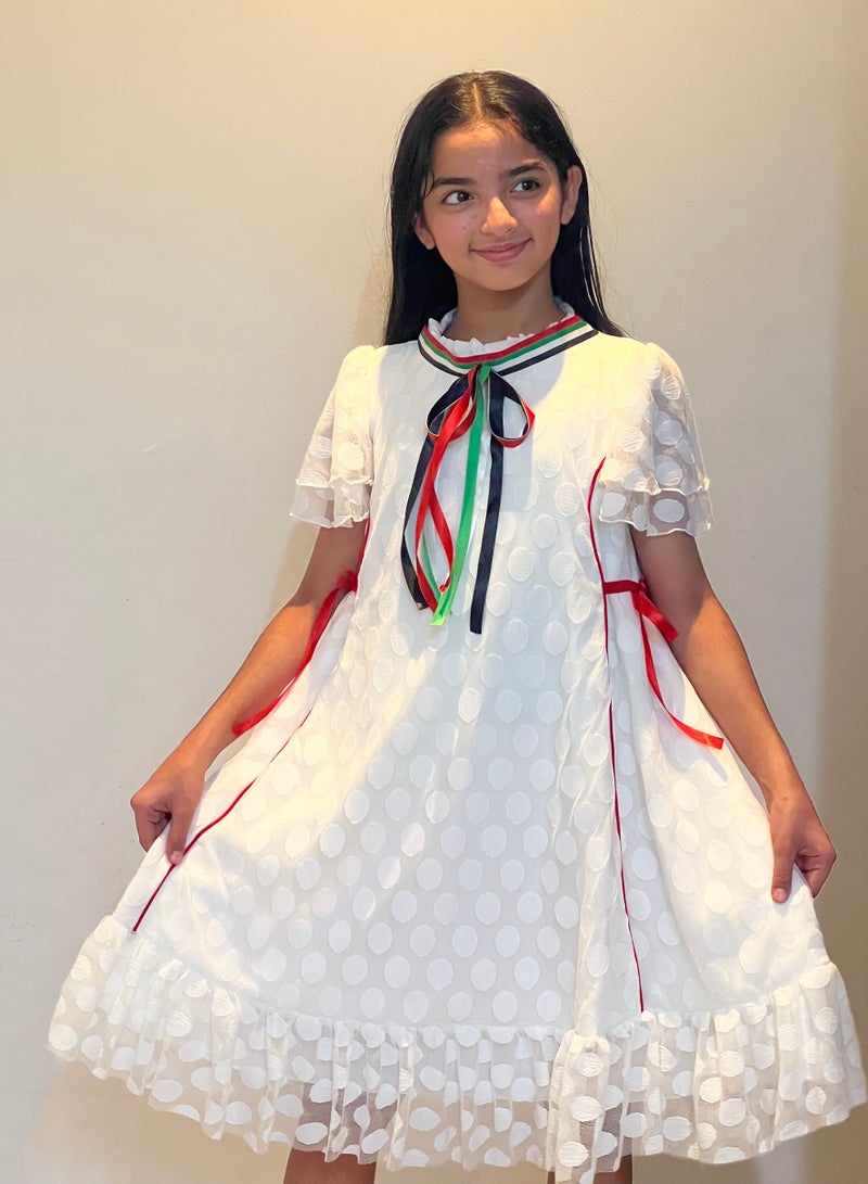 Lamora White Dot Tule With Tie Traditional UAE National Day Emirates Flag Cloth Dress  - Image 5