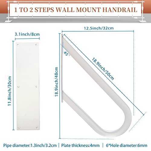 Coocure 2 Pack Handrail for 1-2 Step Stairs, Wall Mount handrails for Outdoor Steps, Garage Railing with White Powder Coat Finished, Suitable for Garage, Porch and Garden（18.9" Length, φ1.3"Pipe, White） - Image 2