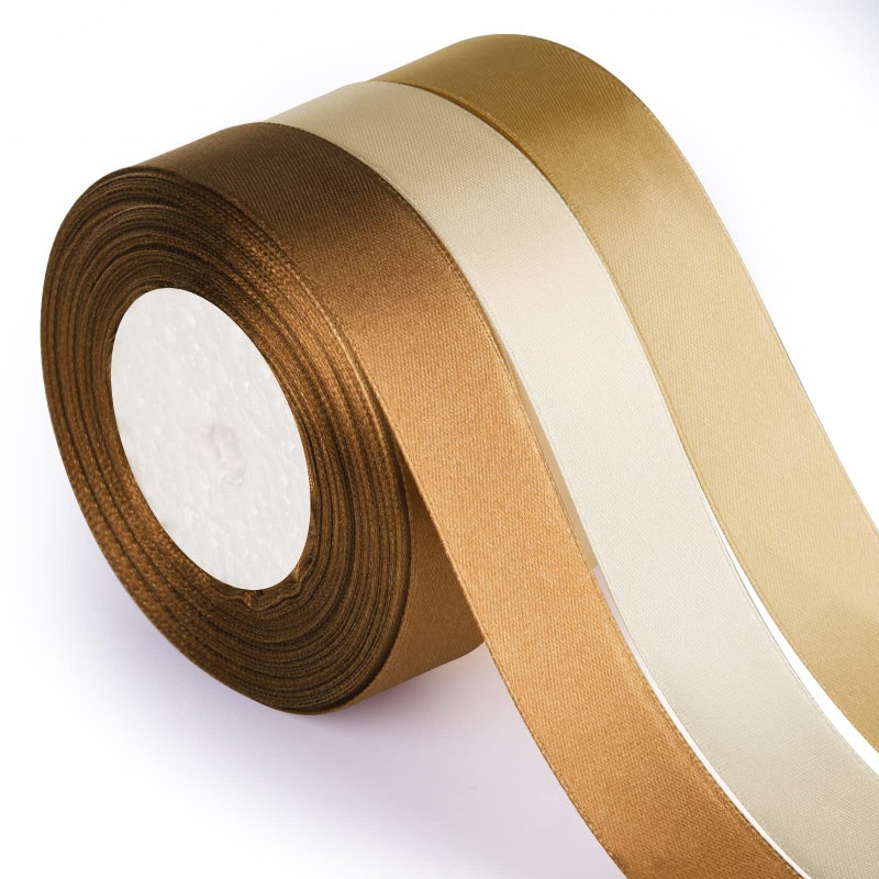 ASTARON Brown Gold Satin Ribbon for Wedding Bouquet DIY Crafts 1 Inch Solid Color Ribbon Fabric Ribbon for Gift Wrapping Gift Bows Hair Bows Silk Ribbon for Bouquets Baby Shower Decor