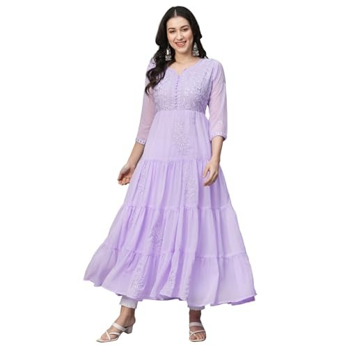RATAN Women's Solid Georgette Tiered Chikankari Flared Regular Fit Kurti Gown Maxi Dress (MSK-LAV-L_Lavender), Large - Image 1