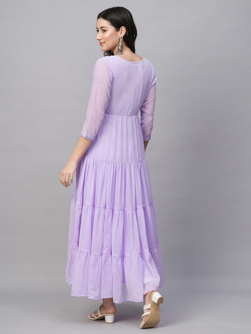 RATAN Women's Solid Georgette Tiered Chikankari Flared Regular Fit Kurti Gown Maxi Dress (MSK-LAV-L_Lavender), Large - Image 3