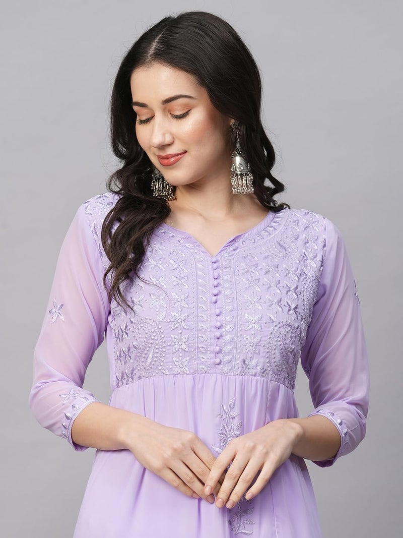 RATAN Women's Solid Georgette Tiered Chikankari Flared Regular Fit Kurti Gown Maxi Dress (MSK-LAV-L_Lavender), Large - Image 4
