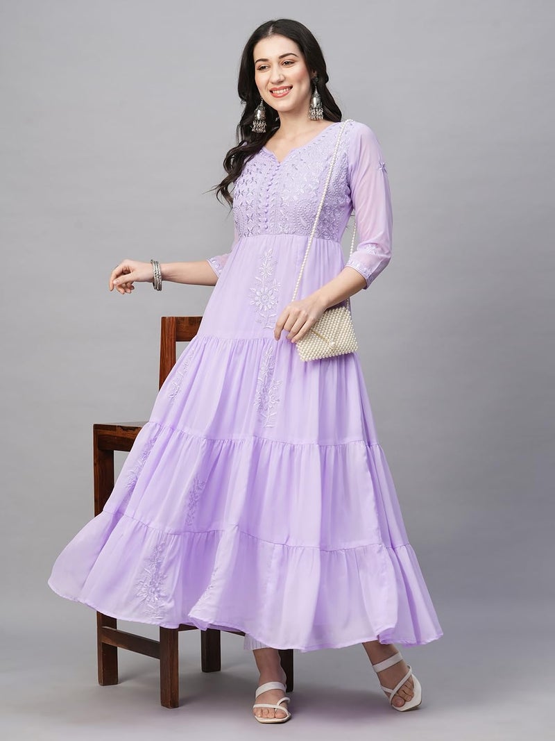 RATAN Women's Solid Georgette Tiered Chikankari Flared Regular Fit Kurti Gown Maxi Dress (MSK-LAV-L_Lavender), Large - Image 2