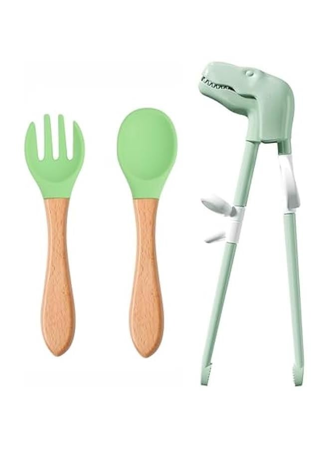 Dinosaur Training Chopsticks,3pcs Chopsticks For Kids ,Reusable Chopsticks Spoon Fork Learning Chopstick Helper,Green - Image 1