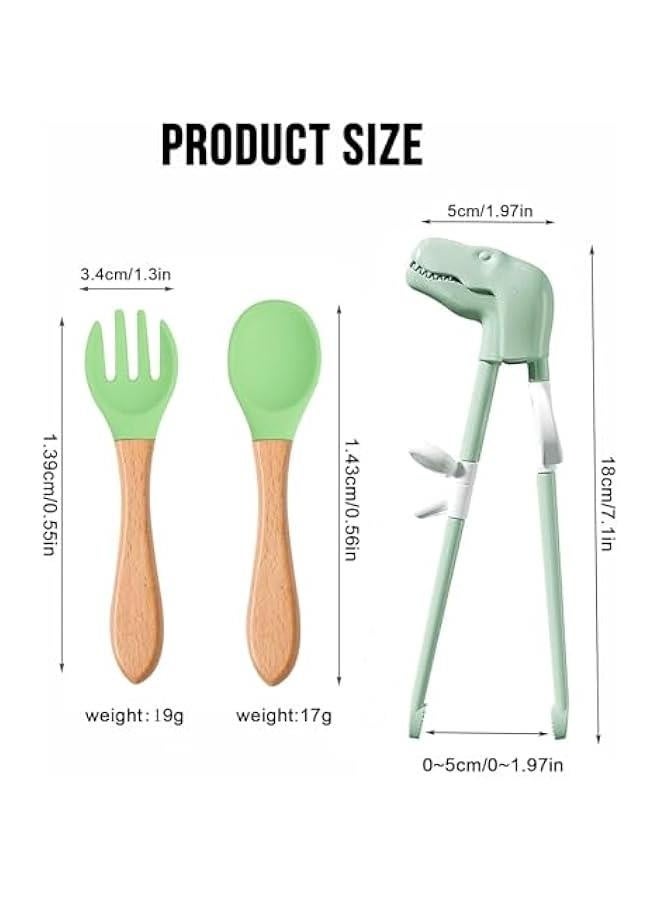 Dinosaur Training Chopsticks,3pcs Chopsticks For Kids ,Reusable Chopsticks Spoon Fork Learning Chopstick Helper,Green - Image 4