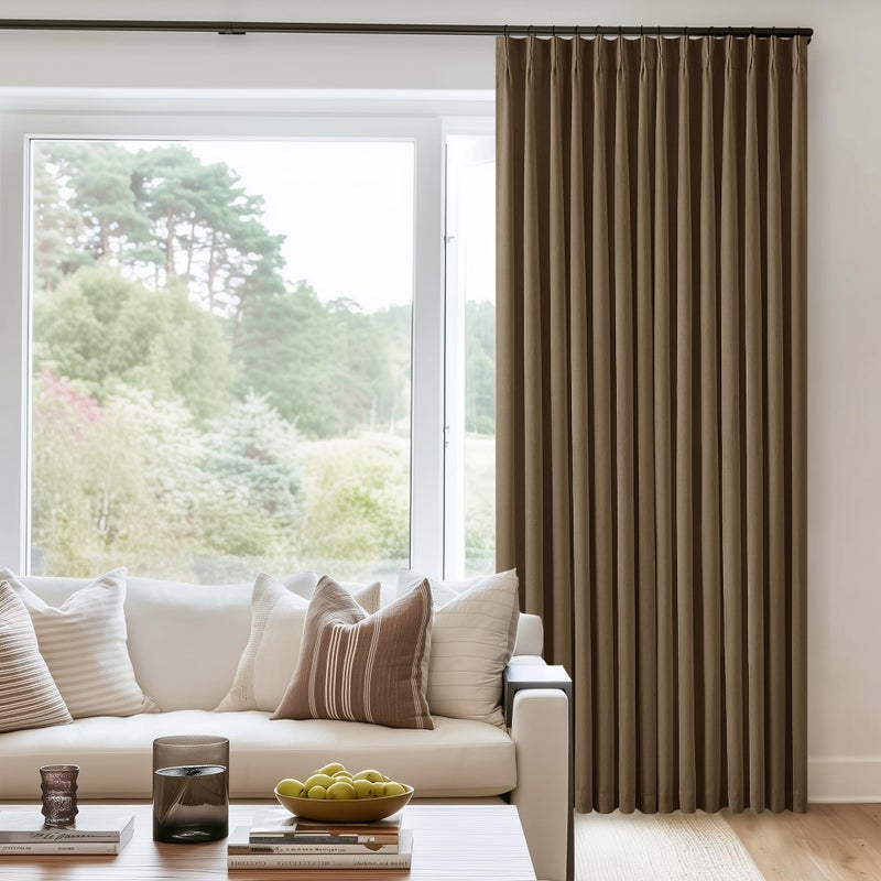 TWODRAPES Dark Brown Pleated Linen Blackout Curtains 90 Inches Long for Bedroom Living Room Pinch Pleat Black Out Thermal Insulated Ring Hooks Back Tab Room Darkening Drapes Dutch Cocoa Curtains with Liner - Image 1