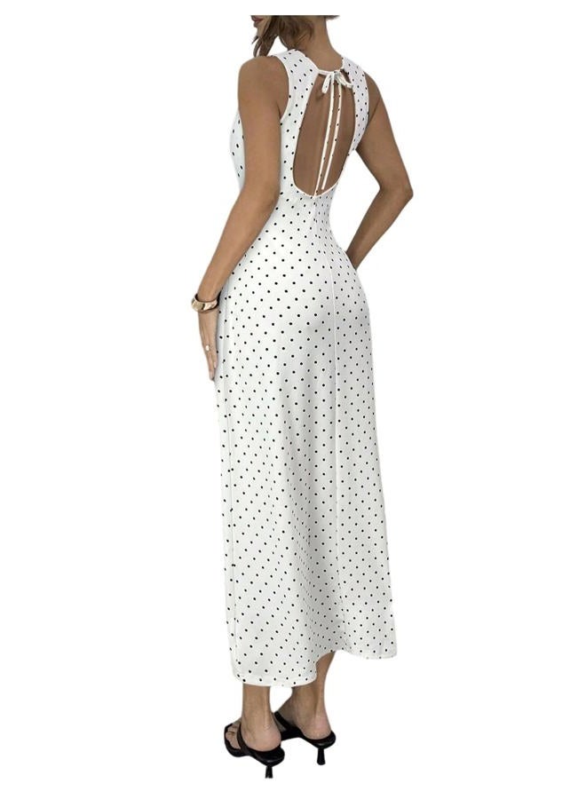 Verdusa Women's Polka Dots Tie Back Bodycon Dresses Backless Long Wedding Guest Dress, White, S - Image 1