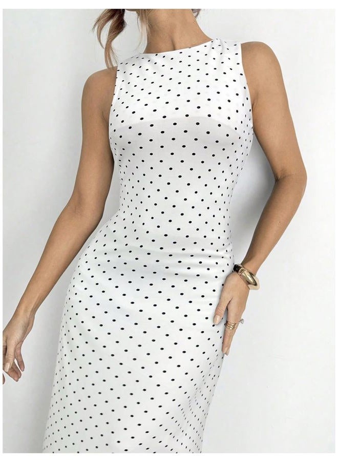Verdusa Women's Polka Dots Tie Back Bodycon Dresses Backless Long Wedding Guest Dress, White, S - Image 3