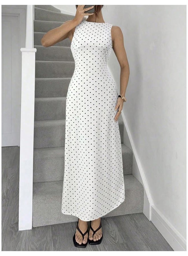 Verdusa Women's Polka Dots Tie Back Bodycon Dresses Backless Long Wedding Guest Dress, White, S - Image 4
