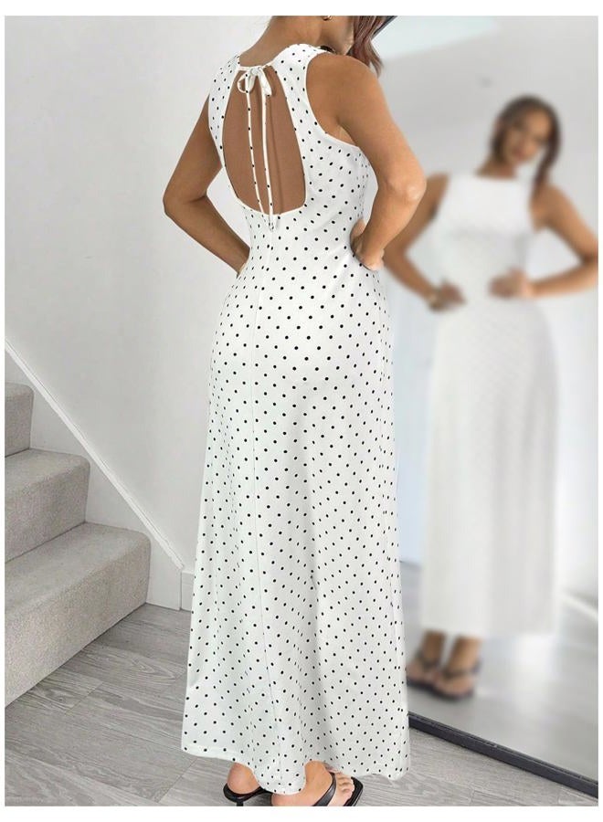 Verdusa Women's Polka Dots Tie Back Bodycon Dresses Backless Long Wedding Guest Dress, White, S - Image 5