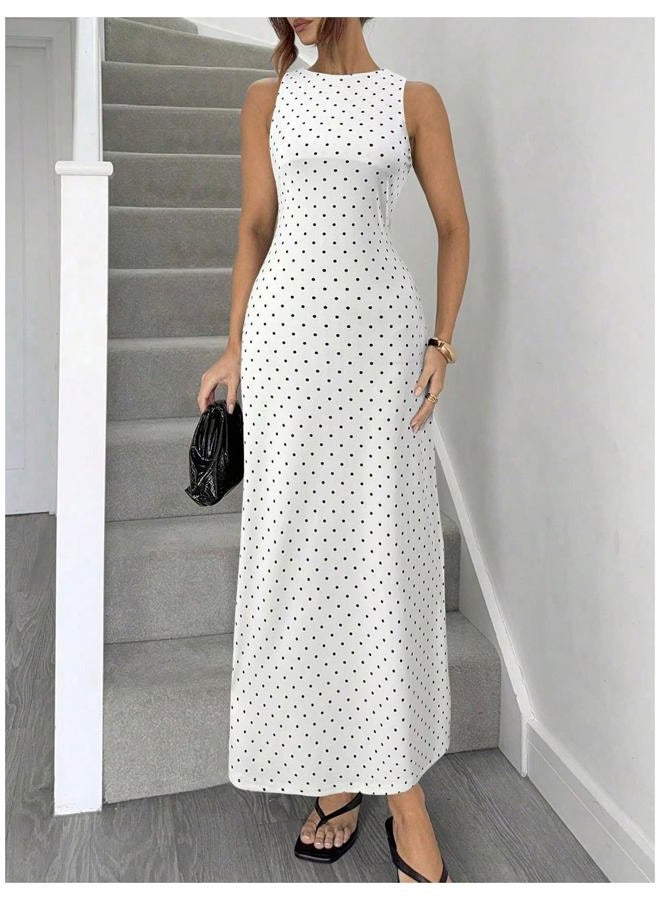 Verdusa Women's Polka Dots Tie Back Bodycon Dresses Backless Long Wedding Guest Dress, White, S - Image 2