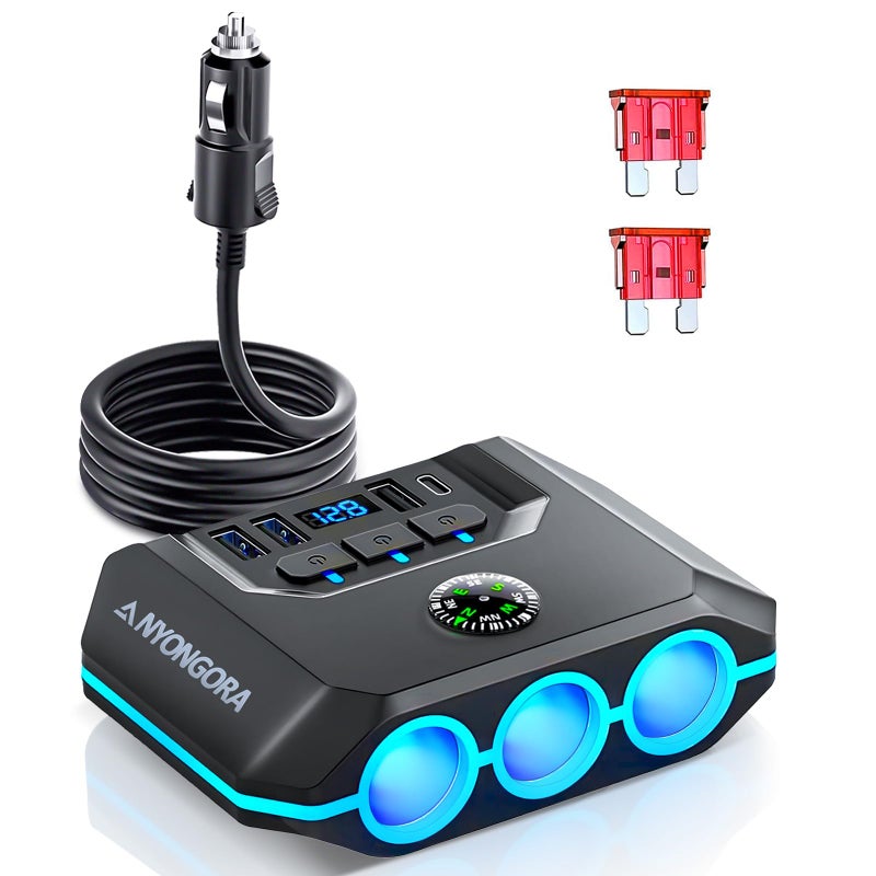 Anyongora Cigarette Lighter Splitter 120W Car Charger Adapter with USB PD 7 in 1 Multi Port Power Plug with Independent Switches LED Voltage Display for 12V 24V Vehicles 33FT Cable