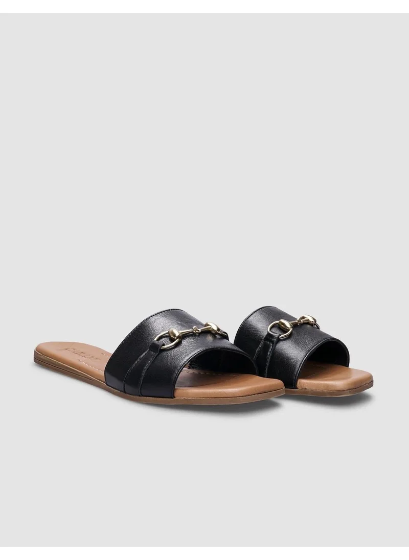 كاباني Genuine Leather Black Buckle Detailed Women's Slippers