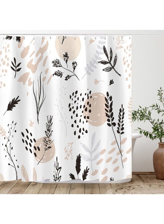 Tititex Abstract Botanical Brown Floral Shower Curtain Sets 70 X 70 Inch, Black Beige Leaves Branches Plants Colorful Bathroom Decoration Waterproof Fabric with 12 Hooks - Image 1