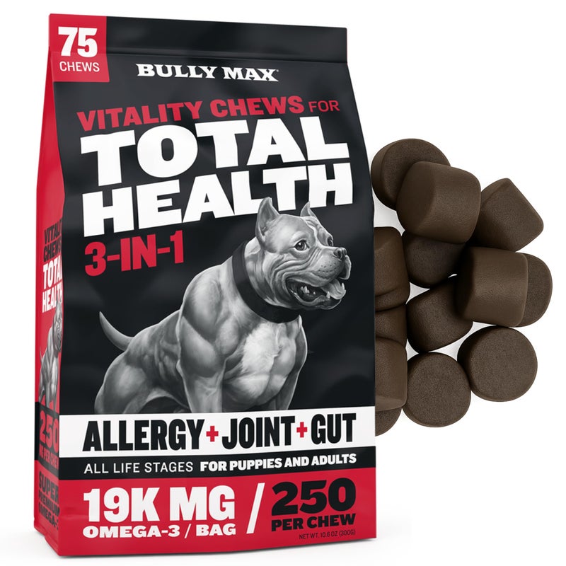 Bully Max Dog Chews & Multivitamin Treats for Puppy & Adult Dogs - 75 Soft Chews, Dog Supplements & Vitamins for All Breeds - Skin, Coat, Brain, Heart, Digestive Health, Immunity, Joint Support - Image 1