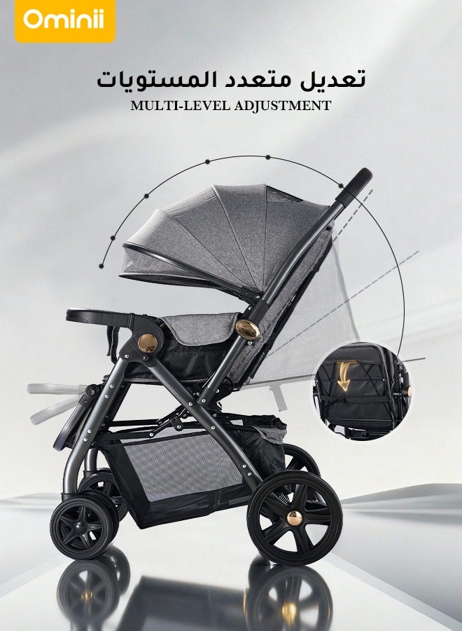أوميني عربة أطفال فاخرة، قابلة للعكس مع صينية طعام، مقصورة مريحة طويلة 94 سم، عجلات كبيرة مستقرة، طي بقدم واحدة، دعم لطيف لكل رحلة أنيقة - Image 4