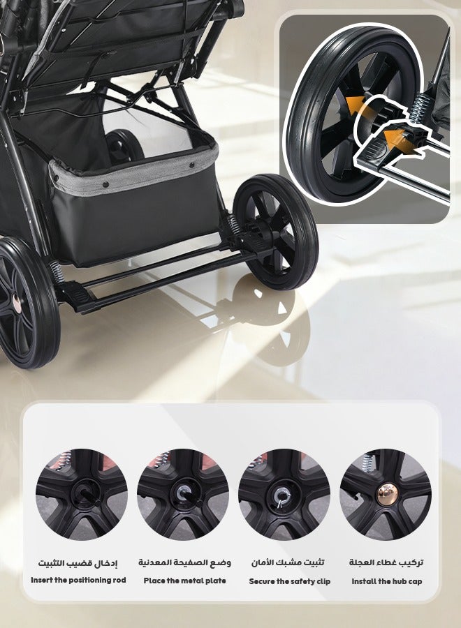 أوميني عربة أطفال فاخرة، قابلة للعكس مع صينية طعام، مقصورة مريحة طويلة 94 سم، عجلات كبيرة مستقرة، طي بقدم واحدة، دعم لطيف لكل رحلة أنيقة - Image 2