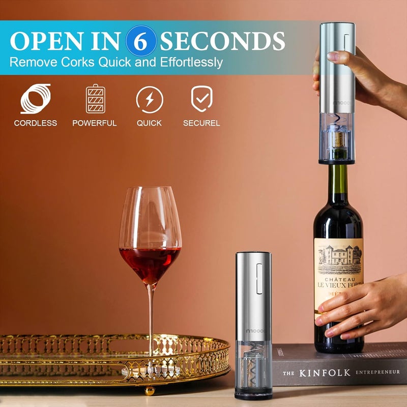 Moocoo Electric Wine Opener with Charging Base, Stainless Steel Automatic Electric Wine Bottle Corkscrew Opener Gift Set with 2-in-1 Aerator & Pourer, Foil Cutter, 2 Vacuum Stoppers, Rechargeable - Image 4