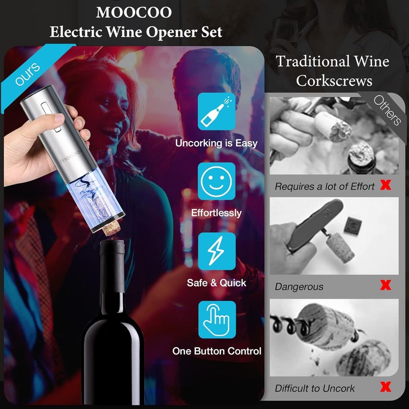Moocoo Electric Wine Opener with Charging Base, Stainless Steel Automatic Electric Wine Bottle Corkscrew Opener Gift Set with 2-in-1 Aerator & Pourer, Foil Cutter, 2 Vacuum Stoppers, Rechargeable - Image 2