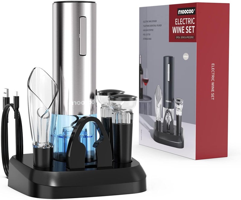 Moocoo Electric Wine Opener with Charging Base, Stainless Steel Automatic Electric Wine Bottle Corkscrew Opener Gift Set with 2-in-1 Aerator & Pourer, Foil Cutter, 2 Vacuum Stoppers, Rechargeable - Image 1