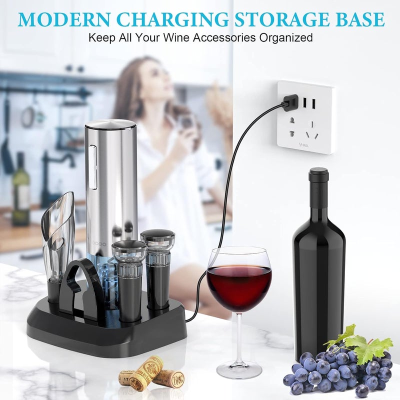 Moocoo Electric Wine Opener with Charging Base, Stainless Steel Automatic Electric Wine Bottle Corkscrew Opener Gift Set with 2-in-1 Aerator & Pourer, Foil Cutter, 2 Vacuum Stoppers, Rechargeable - Image 3