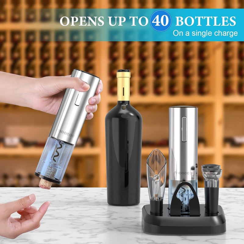 Moocoo Electric Wine Opener with Charging Base, Stainless Steel Automatic Electric Wine Bottle Corkscrew Opener Gift Set with 2-in-1 Aerator & Pourer, Foil Cutter, 2 Vacuum Stoppers, Rechargeable - Image 5