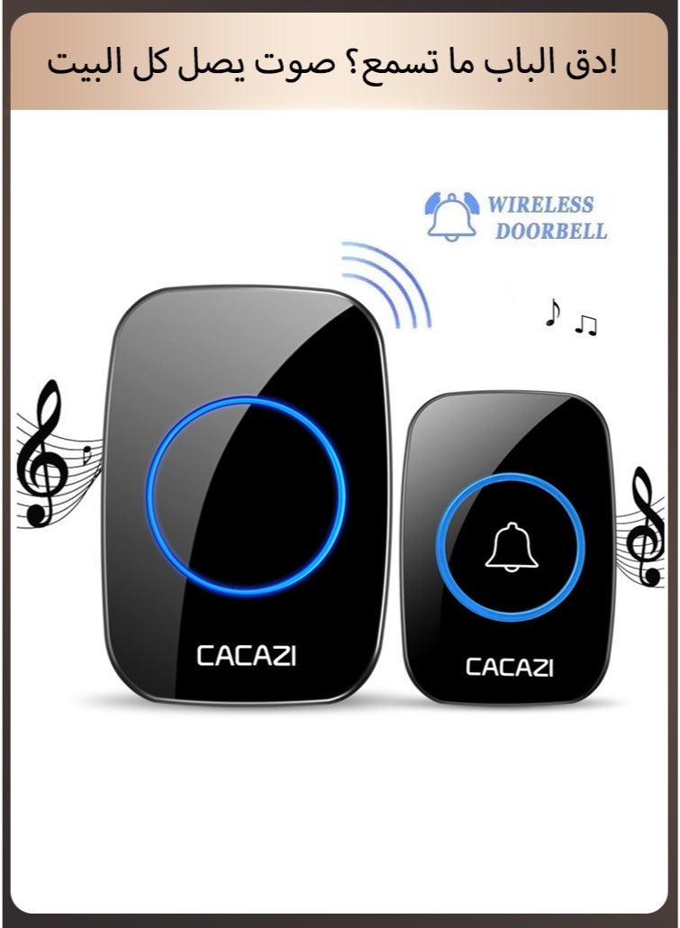 CACAZI Waterproof & Dustproof Wireless Doorbell with LED Flash, Over 1000 Feet Range, 36 Sounds and 4 Levels of Volume, Cordless Doorbell for Home, Office, Apartment, Hotel, Warehouse and Anti-Theft Black - Image 1