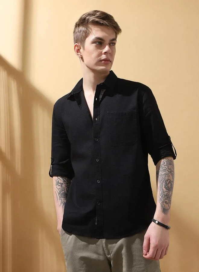 دينيس لينغو قميص قطني سادة بأكمام مطوية