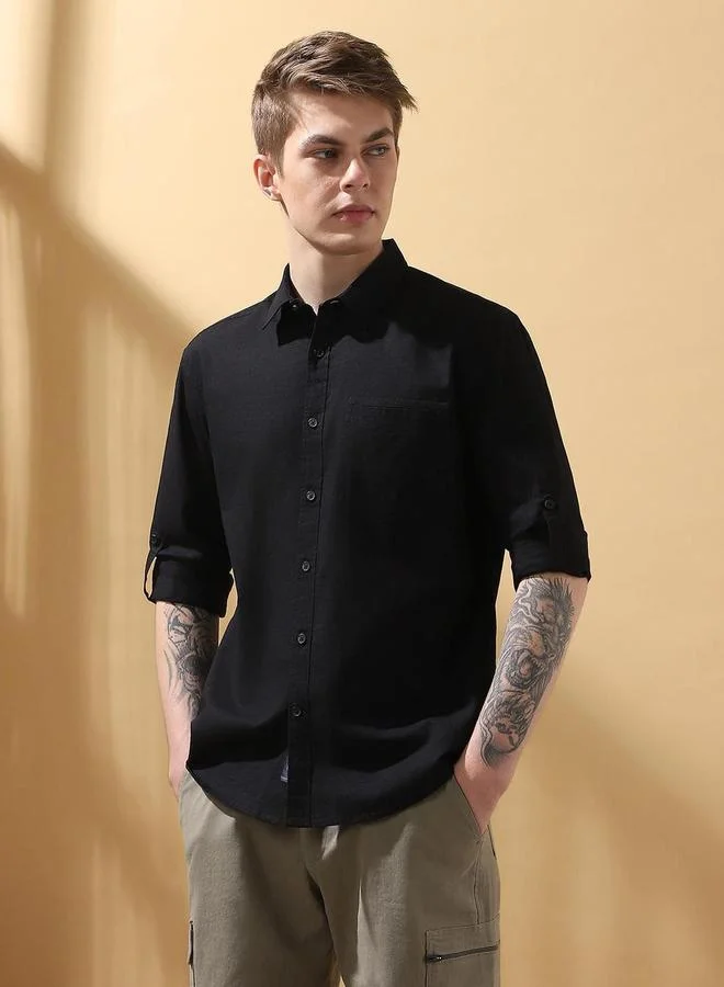 دينيس لينغو قميص قطني سادة بأكمام مطوية