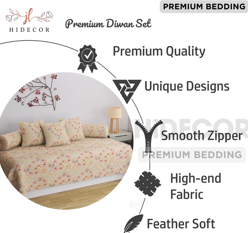 HIDECOR Super Soft Cotton diwan Set for Living Room, diwan Set Covers Cotton, diwan Set 6 Pieces One Single Bedsheet with 3 Cushion Cover,2 Bolster (White) - Image 2