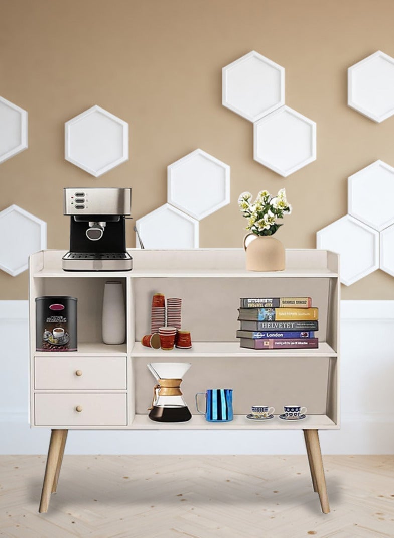 Coffee Cabinet with Large Top, Open Shelves and 2 Storage Drawers 100x35x90 cm for Living Room or Office White-EI-210 - Image 4
