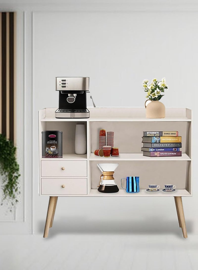 Coffee Cabinet with Large Top, Open Shelves and 2 Storage Drawers 100x35x90 cm for Living Room or Office White-EI-210 - Image 5
