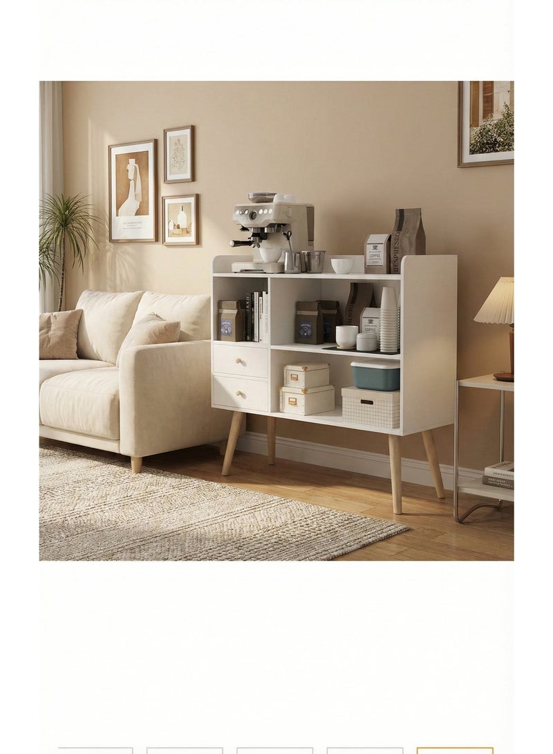 Coffee Cabinet with Large Top, Open Shelves and 2 Storage Drawers 100x35x90 cm for Living Room or Office White-EI-210 - Image 1