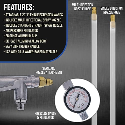 Master Airbrush Master Elite Air Rust Proofing and Undercoating Gun with Gauge & Suction Feed Cup, 2 Wands - 22" Long Flexible Extension Wand with Multi-Directional Nozzle - Spray Truck Bed Liner Rubberized Undercoat - Image 3